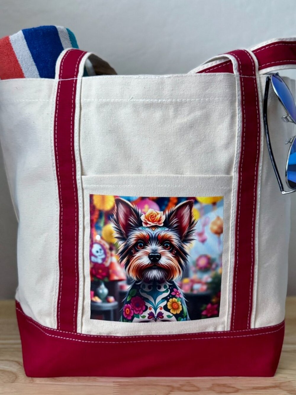 New One Of A Kind Yorkshire Terrior Sugar Skull Dog Canvas Shoulder Tote Bag